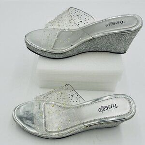 Trinkets Girls Silver Sparkle 3" Wedge Sandals Size 5 Rhinestone